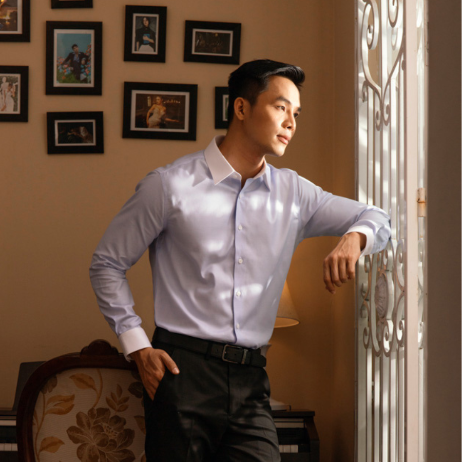  Áo Sơ Mi Nam GENTITI Trơn Tay Dài Màu Xanh Phối Trắng - Kiểu Dáng Smart Fit 