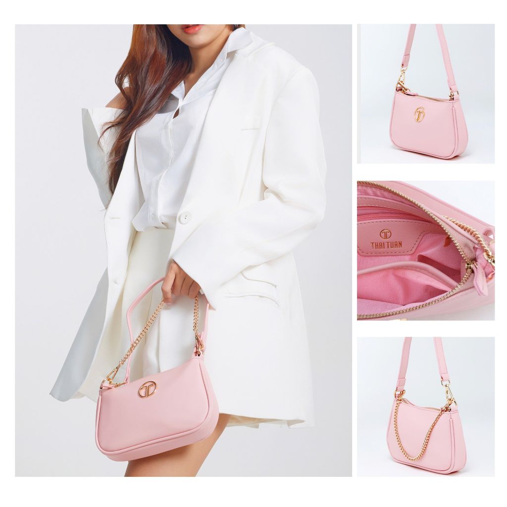  Túi Xách Tay Nữ THÁI TUẤN Đeo Vai Trơn Khóa Kéo Màu Hồng Nhạt 