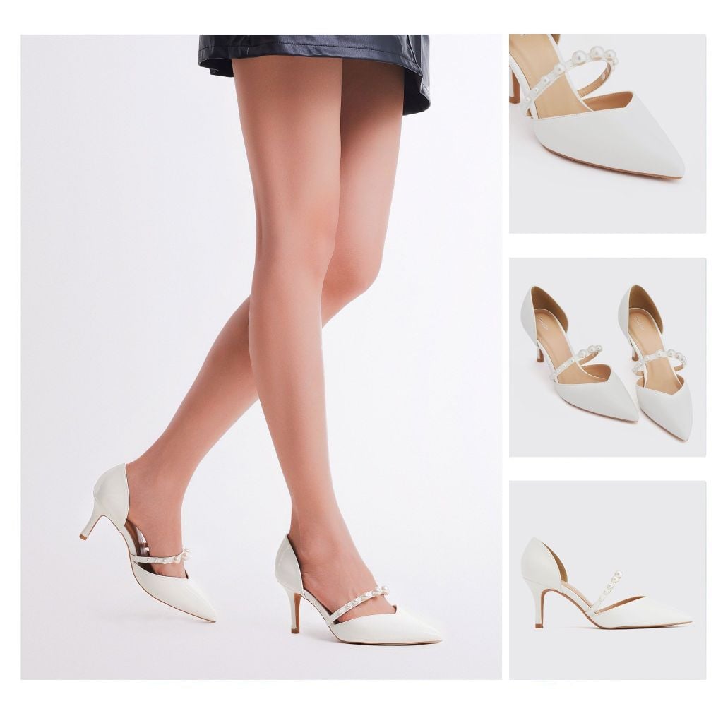  Giày Bít Cao Gót Nữ THÁI TUẤN Mũi Nhọn Slingback Màu Trắng 