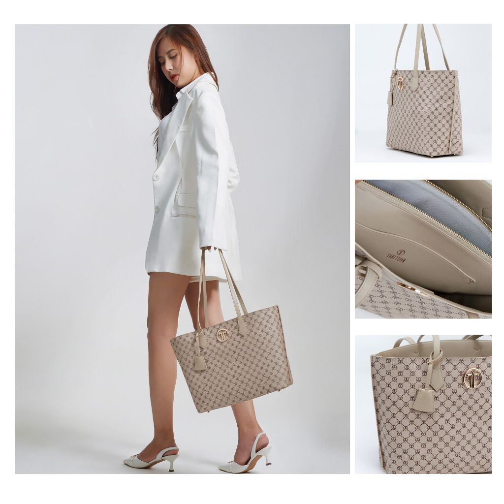  Túi Xách Tay Nữ THÁI TUẤN lớn Thời Trang Họa Tiết Caro Màu Kem 