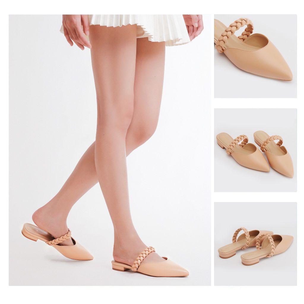  Giày Mules Nữ THÁI TUẤN Bít Mũi Nhọn Màu Kem 