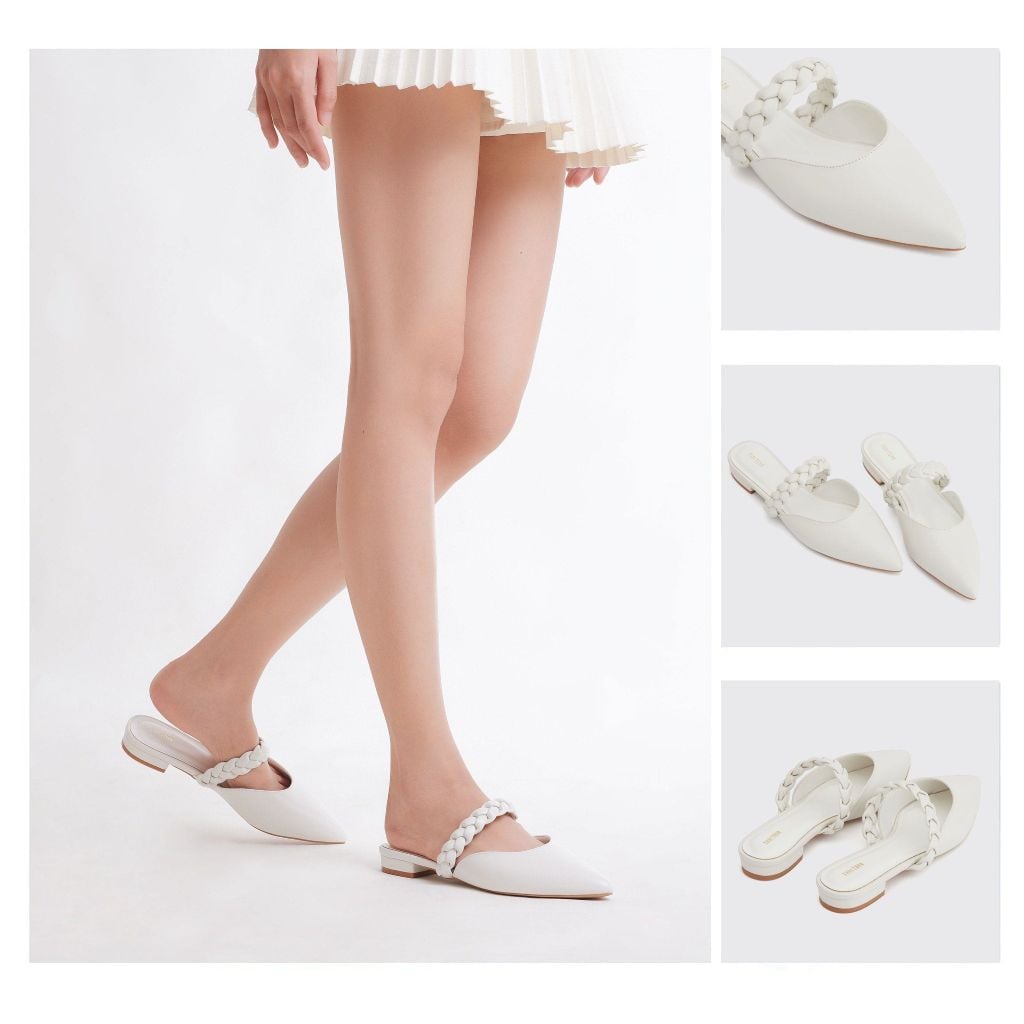  Giày Mules Nữ THÁI TUẤN Bít Mũi Nhọn Màu Trắng 