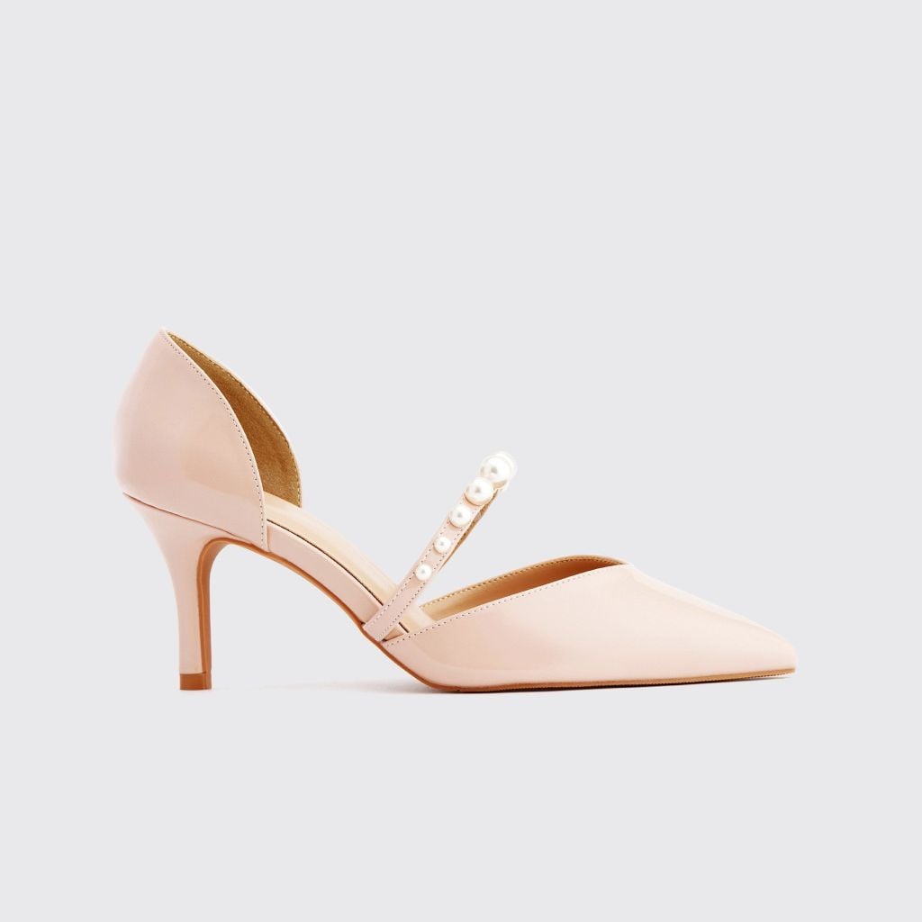  Giày Bít Cao Gót Nữ THÁI TUẤN Mũi Nhọn Nhấn Quai Ngọc Trai Màu Kem 