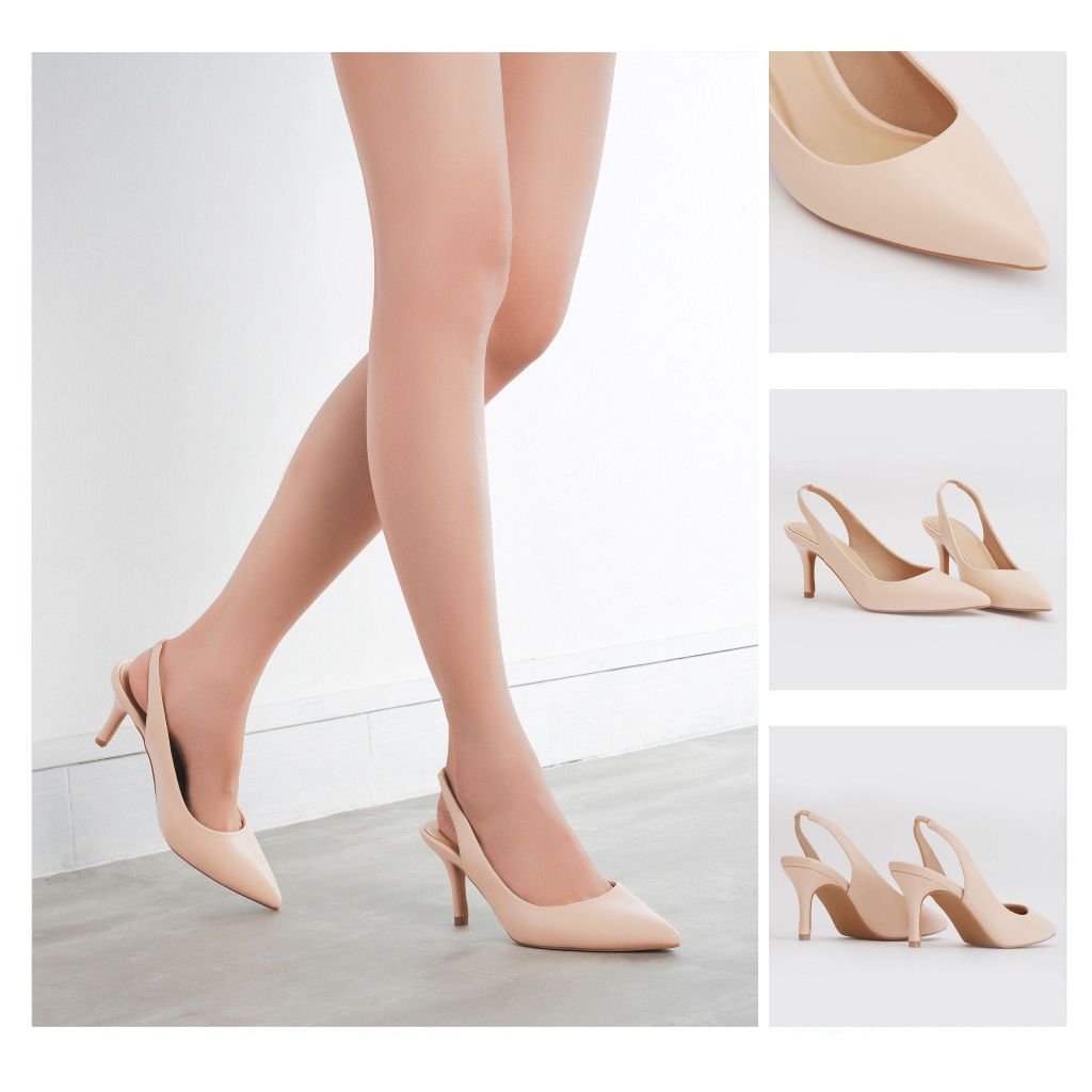  Giày Cao Gót Nữ THÁI TUẤN Mũi Nhọn Phối Quai Hậu Màu Kem 