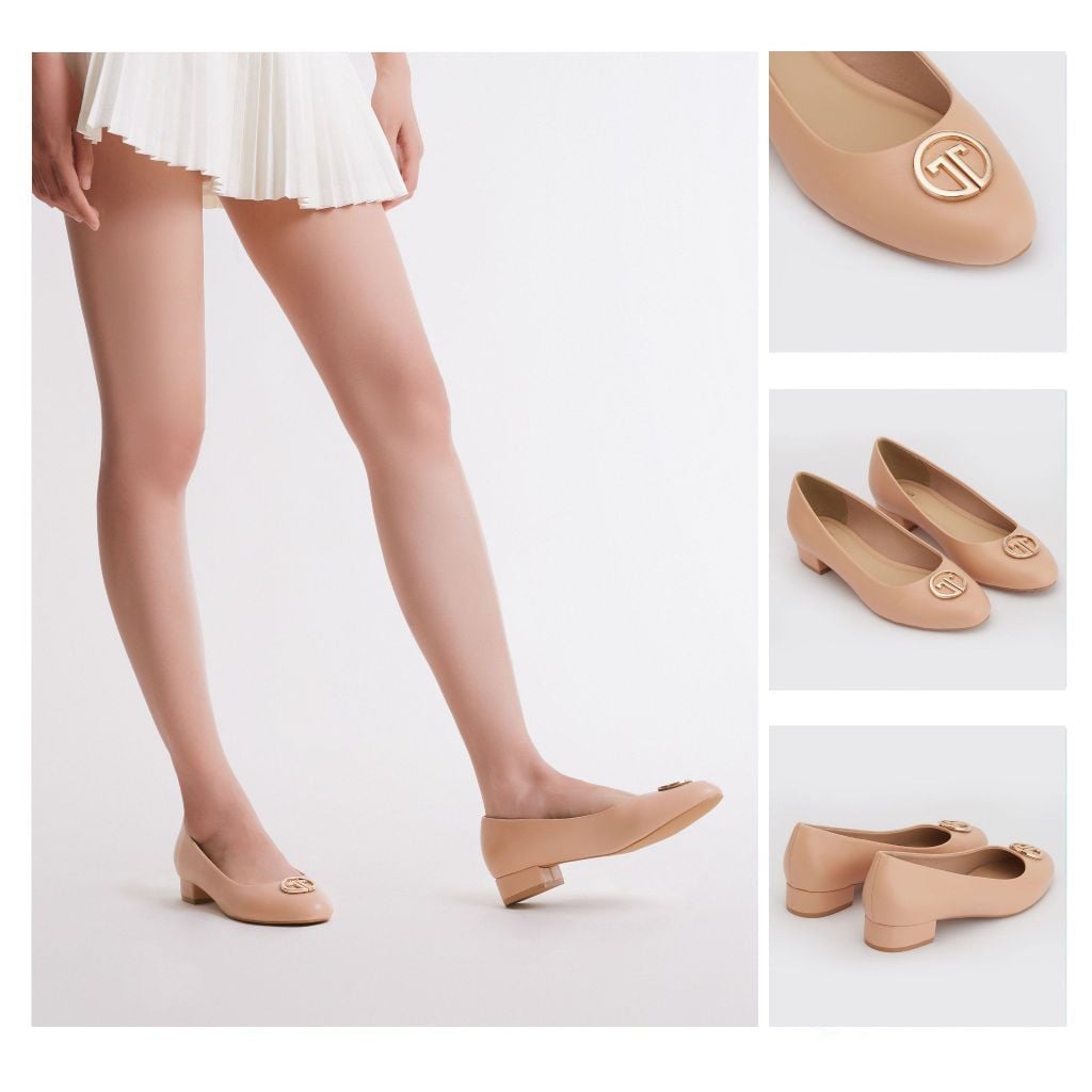  Giày Búp Bê Nữ THÁI TUẤN Mũi Bầu Phối Logo Trang Trí Màu Kem 