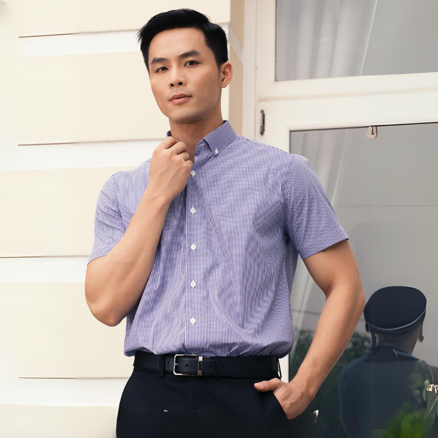  Áo Sơ Mi Nam GENTITI Tay Ngắn Họa Tiết Caro Màu Xanh - Kiểu dáng: Regular 