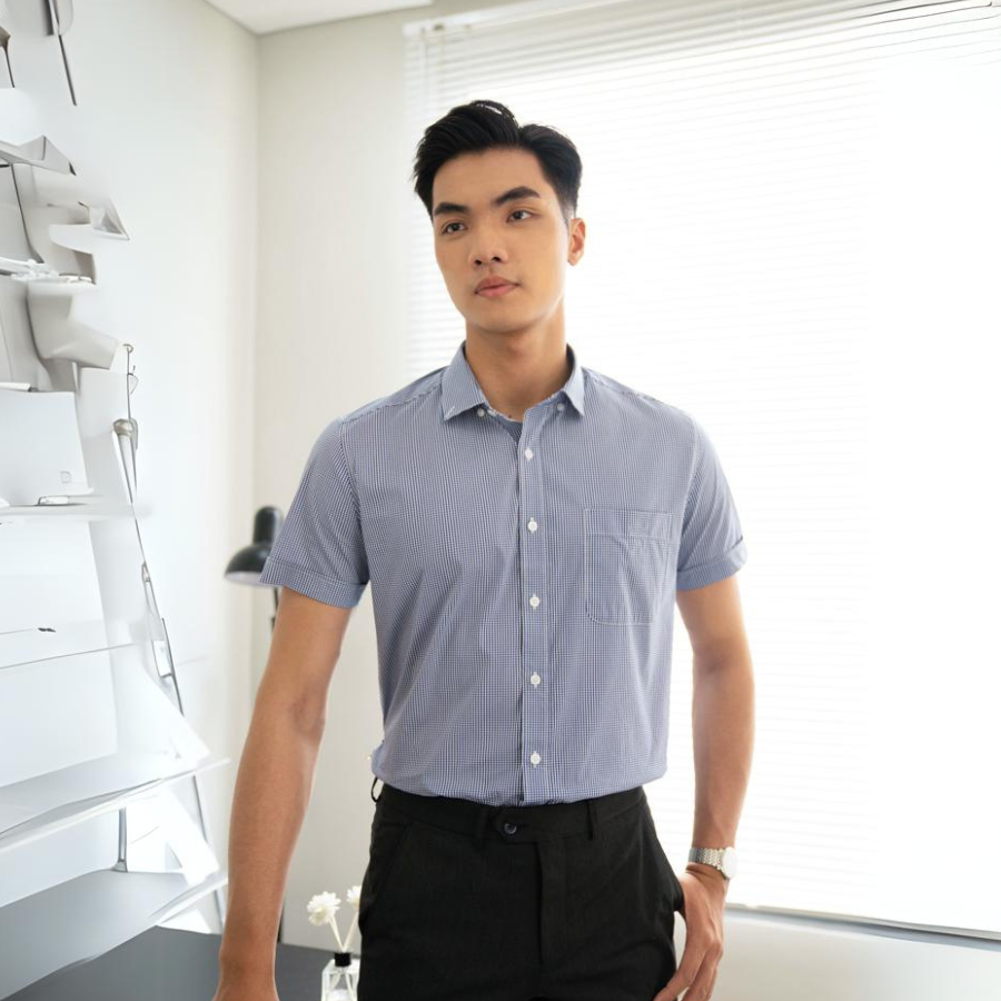  Áo Sơ Mi Nam GENTITI Tay Ngắn Họa Tiết Caro Màu Xanh - Kiểu dáng: Regular 