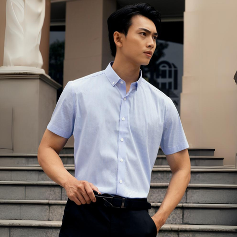  Áo Sơ Mi Nam GENTITI Tay Ngắn Họa Tiết Caro Màu Xanh - Kiểu dáng: Regular 