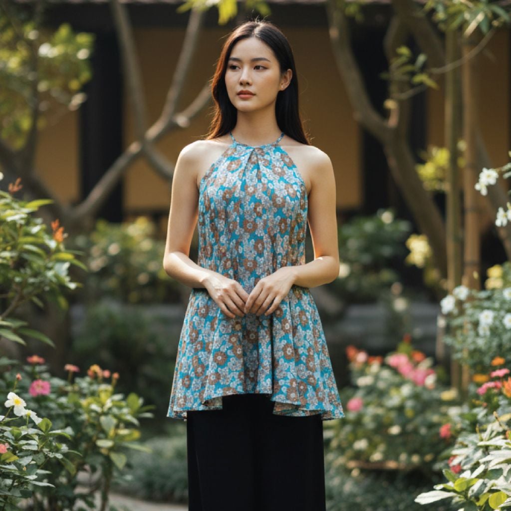 Set Yếm Gấm Hoa Cao Cấp Màu Xanh 14010042