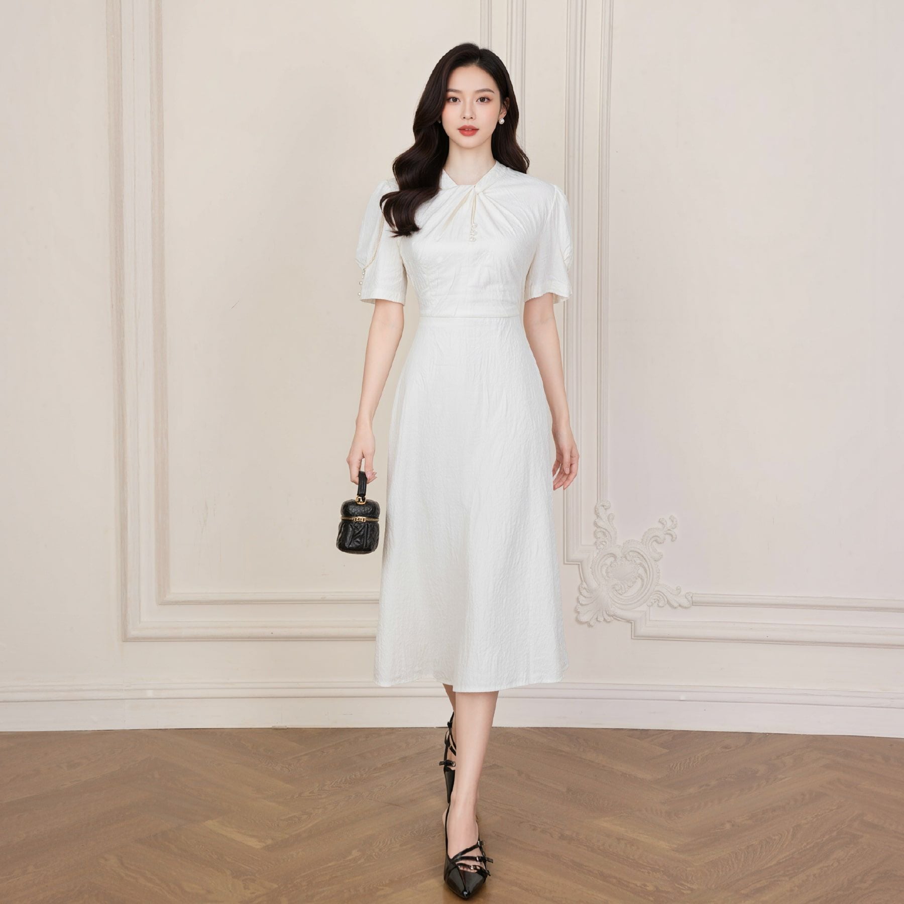 1M080079 Đầm Nữ Gấm Ngọc Tuyết Dáng Chữ A Màu Trắng