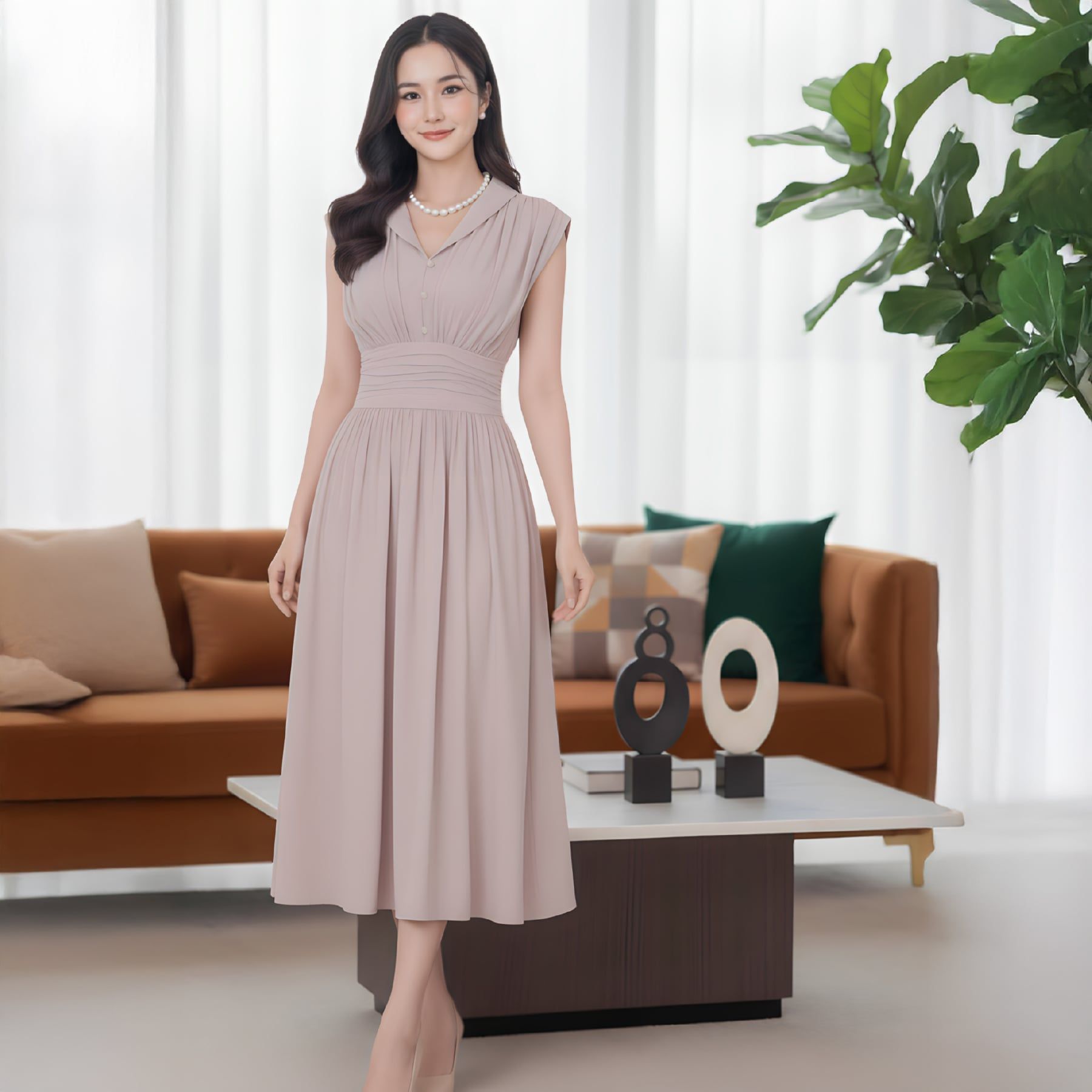 Nữ Thời Trang Công Sở Dáng Xòe Màu Nude Sang Trọng 1M141027 Đầm