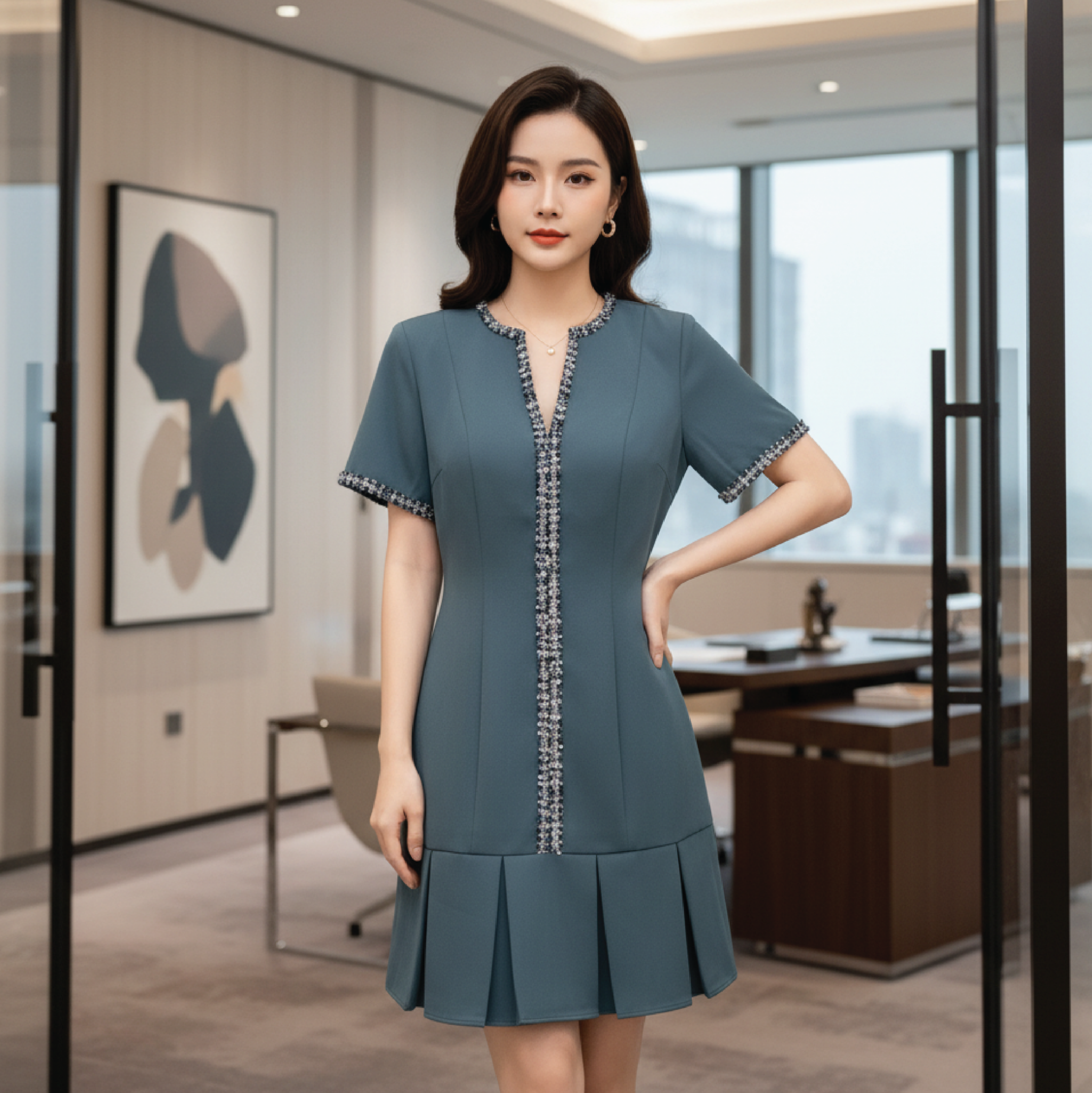 Đầm Nữ Thời Trang Phối Họa Tiết Sang Trọng 1M157