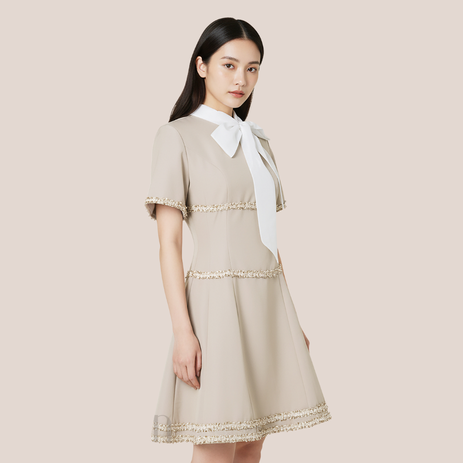 Đầm Nữ Thời Trang Tay Ngắn Cổ Phối Nơ Thanh Lịch 1M158003