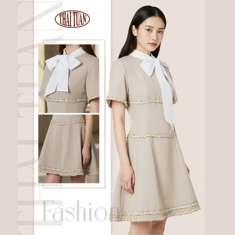 Đầm Nữ Thời Trang Tay Ngắn Cổ Phối Nơ Thanh Lịch 1M158003