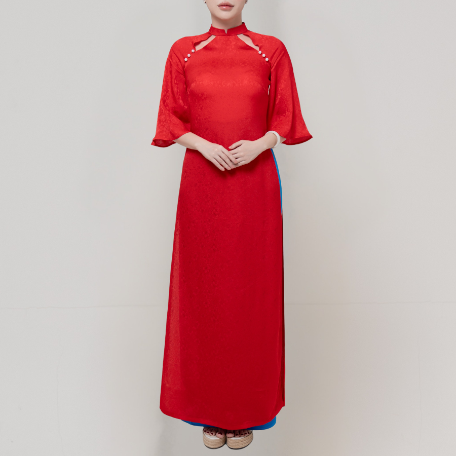 Áo Dài May Sẵn Nữ Tay Loe Chất Liệu Gấm Màu Đỏ Tươi Sang Trọng 1W20B341