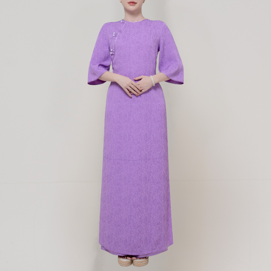 Áo Dài May Sẵn Nữ Tay Lỡ Nút Ngọc Trai Chất Liệu Gấm Màu Tím Sang Trọng 1W22C046