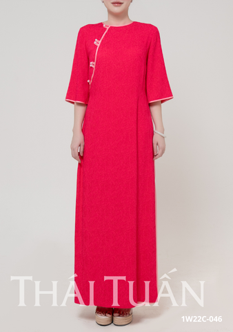 Áo Dài May Sẵn Nữ Tay Lỡ Nút Ngọc Trai Chất Liệu Gấm Màu Hồng Ánh Đỏ Sang Trọng 1W22C026