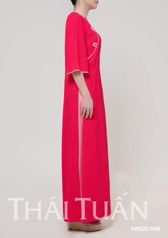 Áo Dài May Sẵn Nữ Tay Lỡ Nút Ngọc Trai Chất Liệu Gấm Màu Hồng Ánh Đỏ Sang Trọng 1W22C026