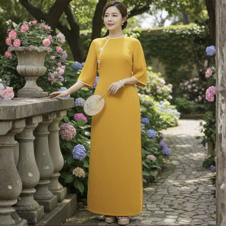 Áo Dài May Sẵn Nữ Tay Lỡ Nút Ngọc Trai Chất Liệu Gấm Màu Úa Sang Trọng 1W22C069