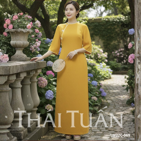 Áo Dài May Sẵn Nữ Tay Lỡ Nút Ngọc Trai Chất Liệu Gấm Màu Úa Sang Trọng 1W22C069