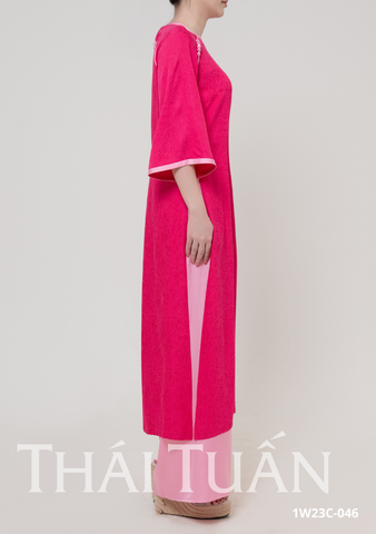 Áo Dài May Sẵn Nữ Tay Lỡ Nút Chất Liệu Gấm Màu Hồng Sang Trọng 1W23C046