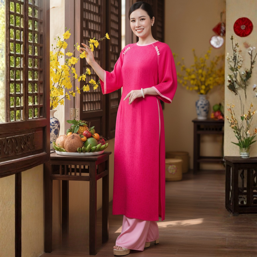 Áo Dài May Sẵn Nữ Tay Lỡ Nút Chất Liệu Gấm Màu Hồng Sang Trọng 1W23C046