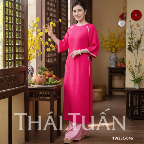 Áo Dài May Sẵn Nữ Tay Lỡ Nút Chất Liệu Gấm Màu Hồng Sang Trọng 1W23C046
