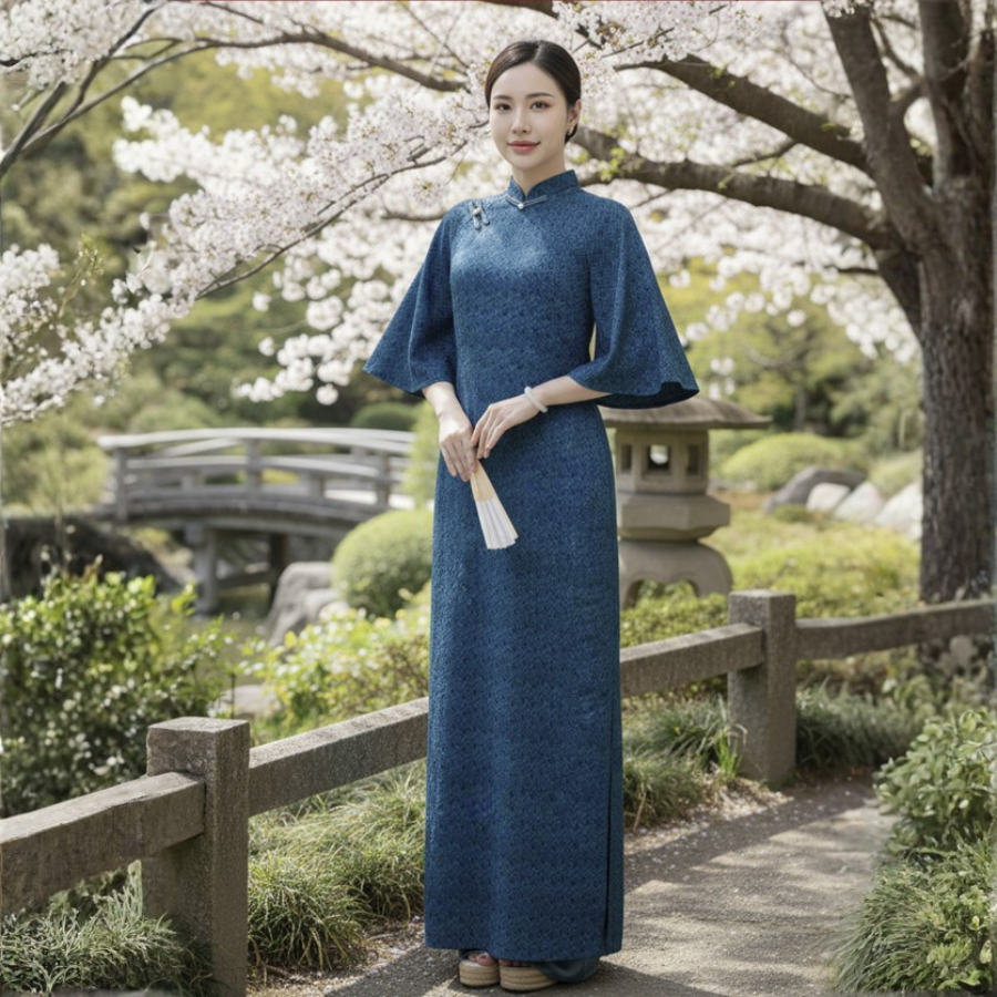 Áo Dài May Sẵn Cho Nữ Chất Liệu Gấm Bố Cao Cấp Màu Xanh 1W40B056