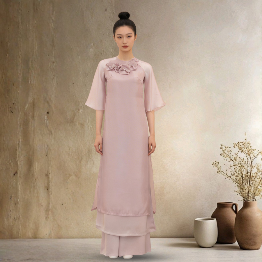 Áo Dài May Sẵn Cao Cấp Chất Liệu Voan Mềm Mại Màu Hồng 1W90A206