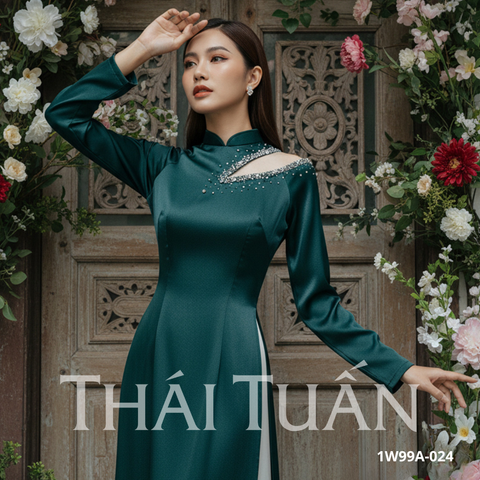 Bộ Áo Dài May Sẵn Cao Cấp Phối Ngọc Màu Xanh Lá Đậm 1W99A024