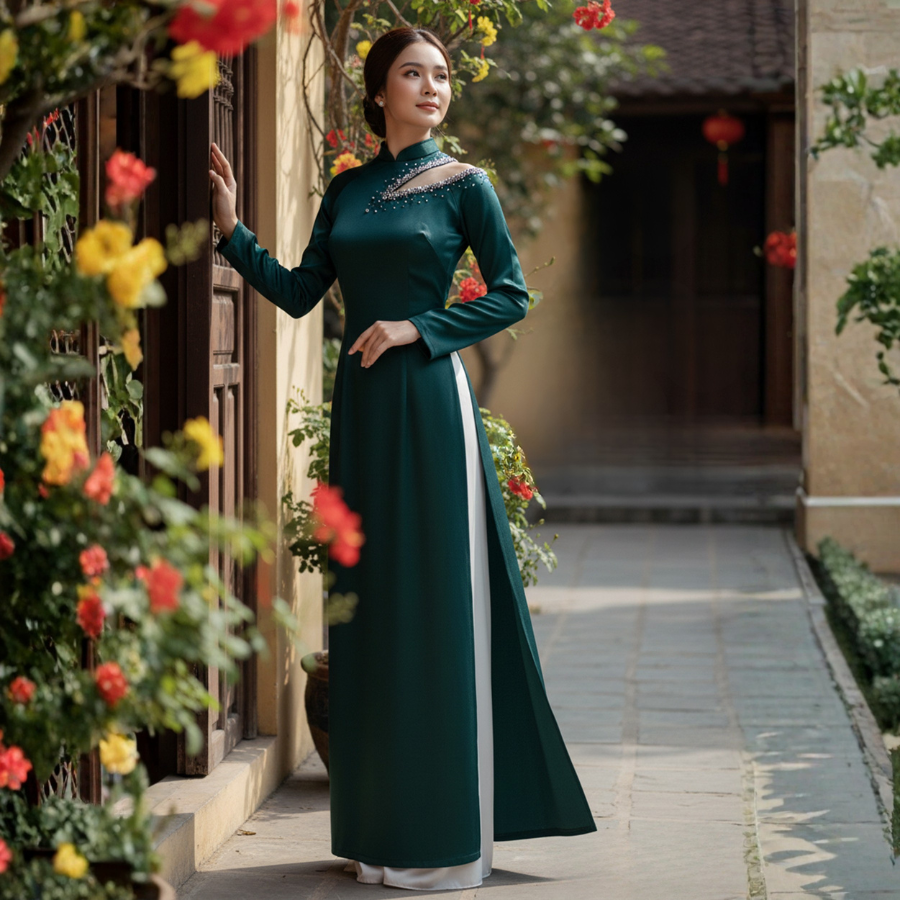 Bộ Áo Dài May Sẵn Cao Cấp Phối Ngọc Màu Xanh Lá Đậm 1W99A024