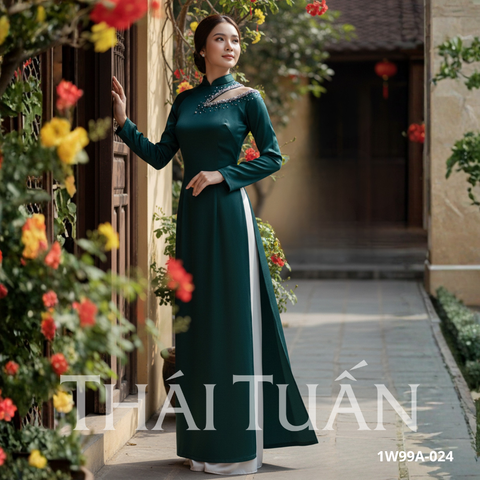 Bộ Áo Dài May Sẵn Cao Cấp Phối Ngọc Màu Xanh Lá Đậm 1W99A024