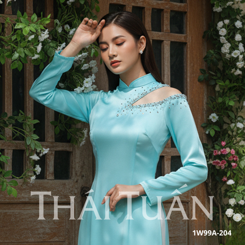 Bộ Áo Dài May Sẵn Cao Cấp Phối Ngọc Màu Xanh Ngọc 1W99A204