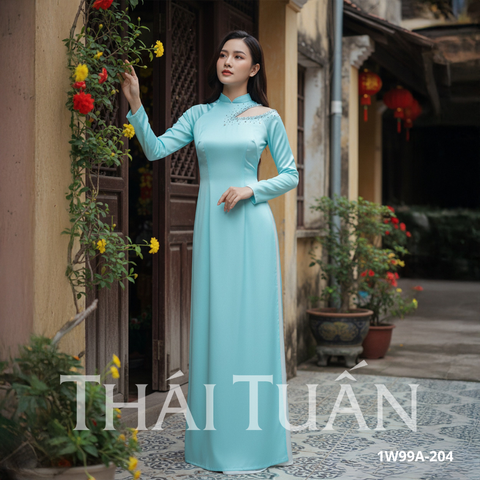 Bộ Áo Dài May Sẵn Cao Cấp Phối Ngọc Màu Xanh Ngọc 1W99A204