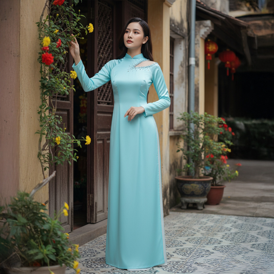 Bộ Áo Dài May Sẵn Cao Cấp Phối Ngọc Màu Xanh Ngọc 1W99A204