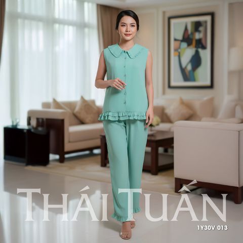 1Y30V Bộ Đồ Mặc Nhà Cao Cấp Cổ Sen Quần Dài