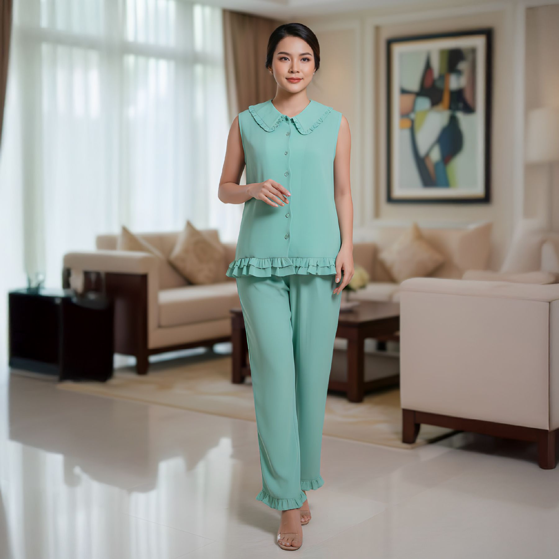 1Y30V Bộ Đồ Mặc Nhà Cao Cấp Cổ Sen Quần Dài