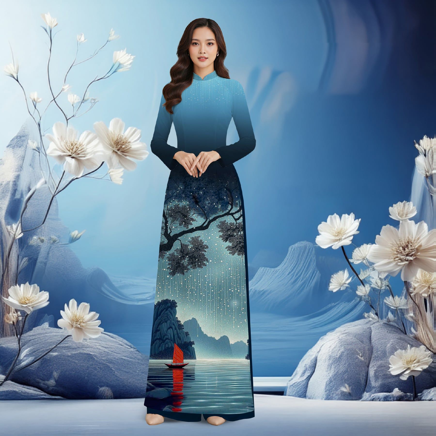 Vải Áo Dài In Sắc Phương Nam Phong Cảnh Sắc Việt Khổ 1m5 x 2m3 ASBR533053LUX