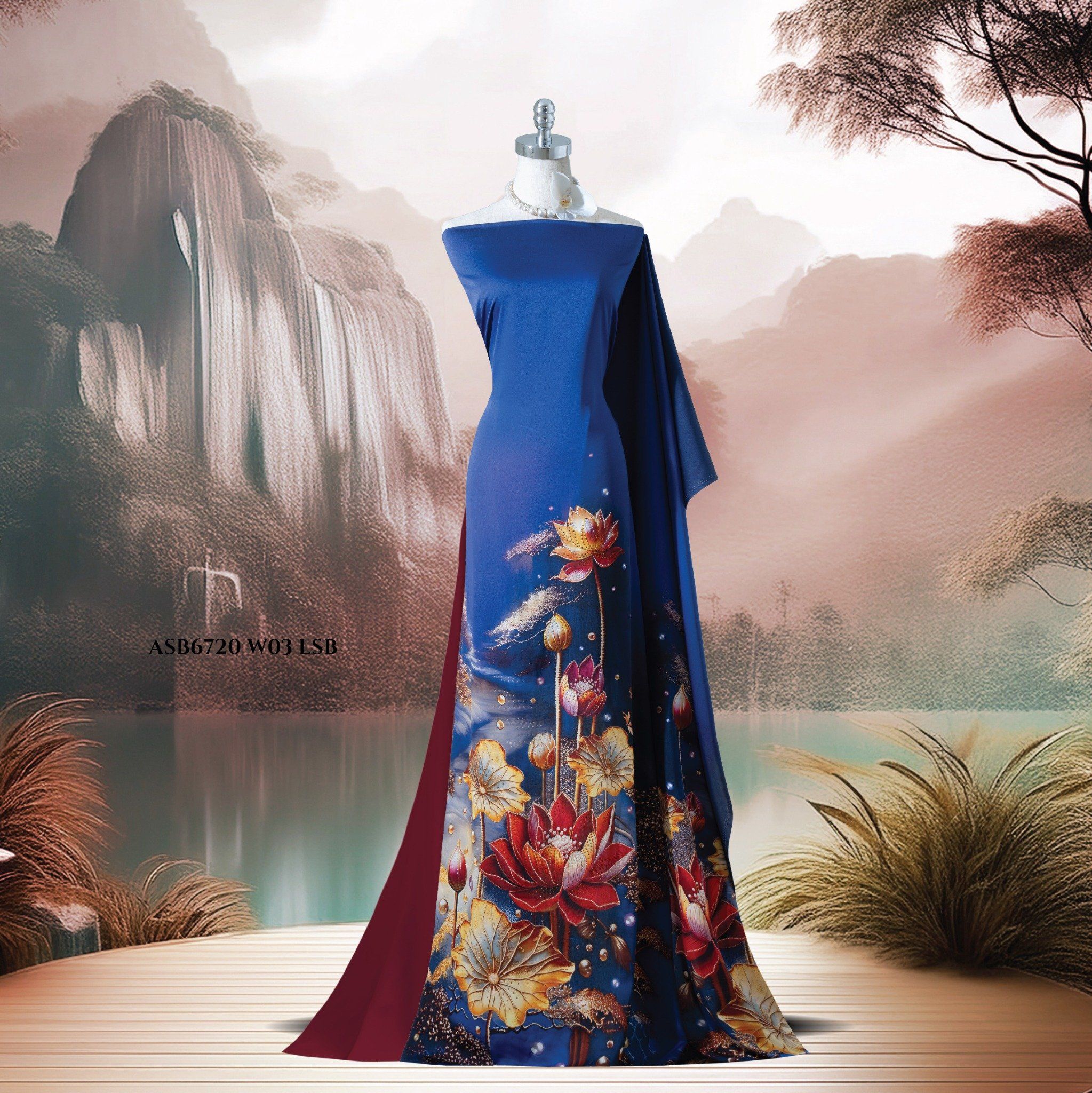 ASB6720W03LSB Vải Áo Dài Satin Hương Thơm Đính Đá Khổ 1m50 x Dài 2m3