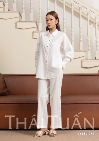 Đồ Bộ Dài Cổ Sơmi Vải Trơn Cách Điệu 1Y36V079