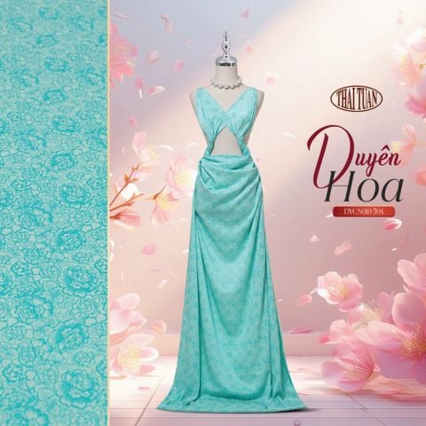 Gấm Duyên Hoa Họa Tiết Hoa Lá Xanh Ngọc Khổ 1m15 x 2m5 DYCN010504