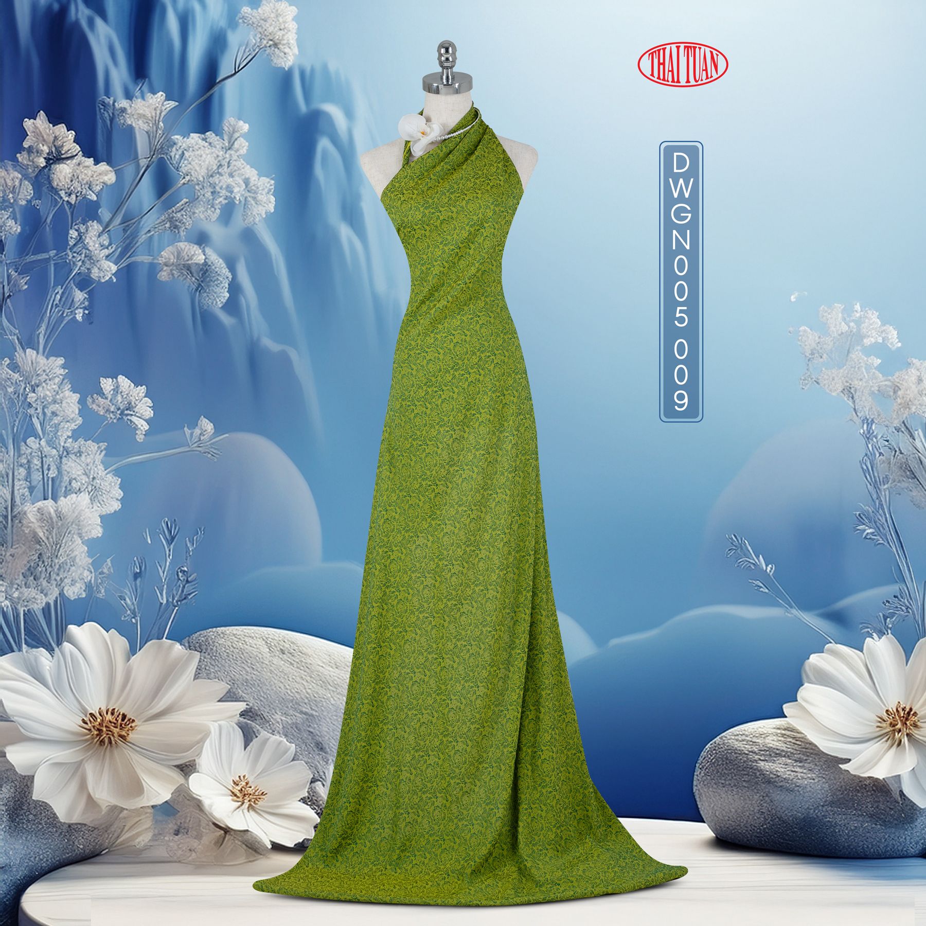 DWGN005-009 Vải Gấm Ngàn Hoa Màu Xanh Lá 1m15 x 2m5