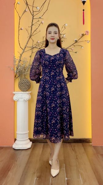 Đầm xòe 8 mảnh - Cổ vuông tim tay lỡ - AH - Xanh tím hoa nhí - TTV1930