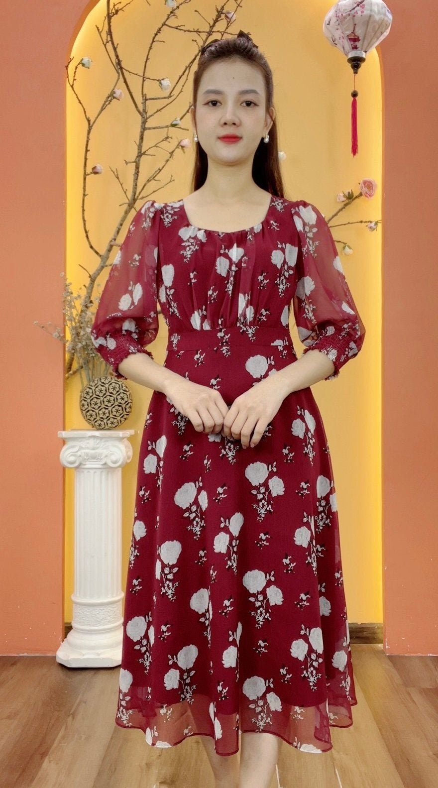 Đầm xòe - Cổ vuông tim tay lỡ - CD - Đỏ hoa trắng - TTV1924