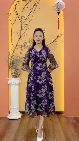 Đầm xòe - Cổ tim kết nút tay lỡ - CV - Tím hoa - TTV1972