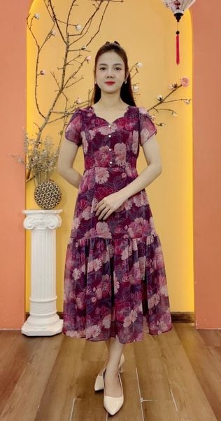 Đầm maxi - Cổ tim sóng nước kết nút tay ngắn - CT - Đỏ rượu hoa - TTV1936