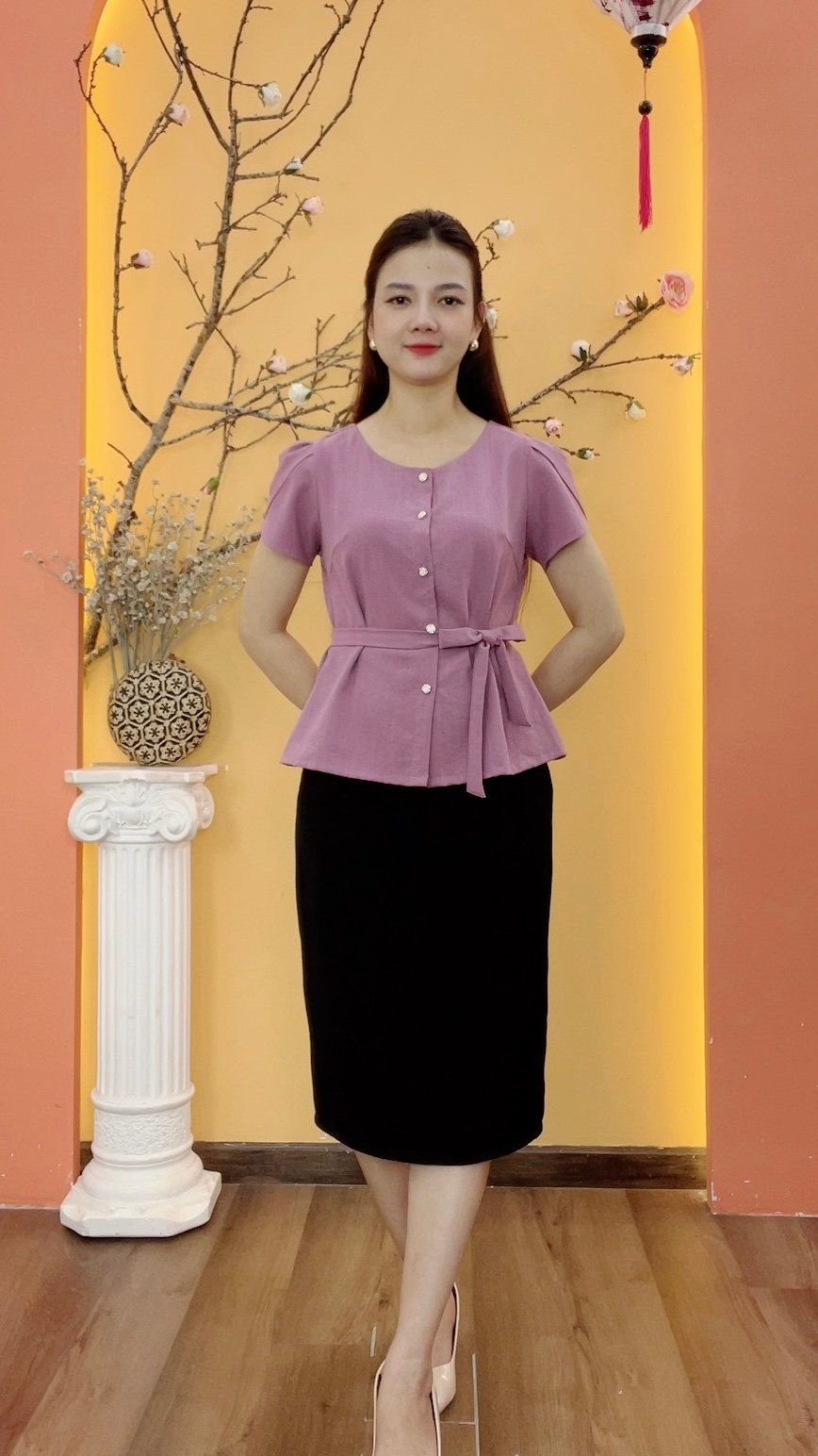 Áo - Cổ tròn kết nút thắt nơ tay ngắn - CT - Tím - TTV1964