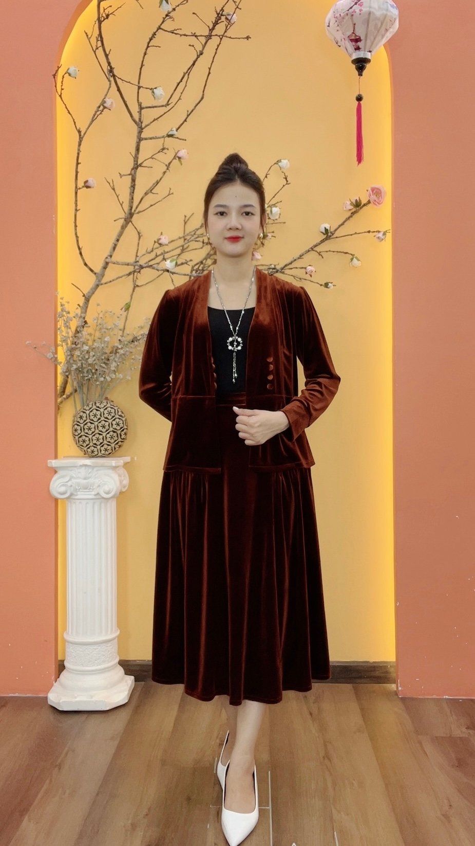 Set áo chân váy nhung - CD - Nâu - TTV1986