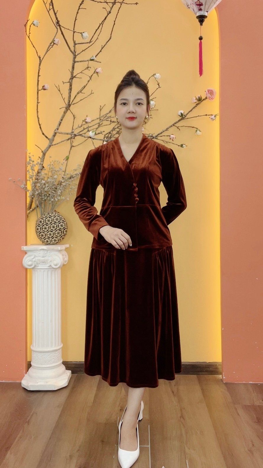 Set áo chân váy nhung - CD - Nâu - TTV1986