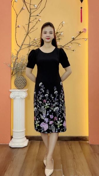 Đầm suông - Cổ tròn tay ngắn phồng  - CD - Đen hoa - TTV1955